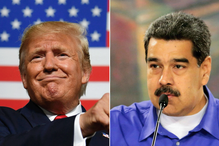 COMBO of Donald Trump and Nicolas Maduro. This combination of pictures created on August 21, 2019 shows US President Donald Trump (L) speaking during a campaign rally, and a photo showing Venezuela's President Nicolas Maduro (R) speaking during a meeting with members of his cabinet.