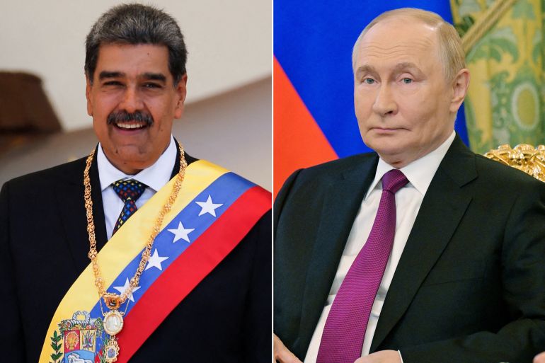 بوتين (يمين) أعلن قبل أيام دعم بلاده لمادورو ونهجه في "حماية سيادة بلاده" (رويترز)