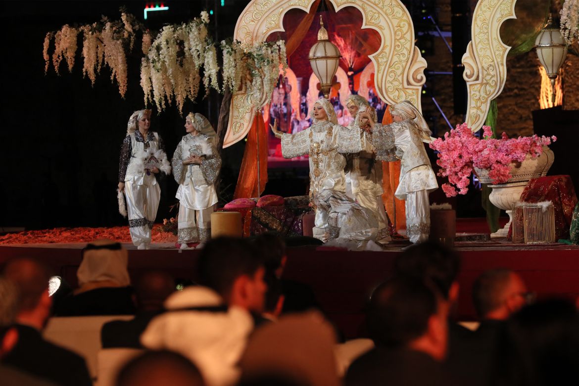 Actors perform during the reopening ceremony of the National Museum housed at the historic Red Castle (As-Saraya al-Hamra) in the Libyan capital Tripoli on December 12, 2025.