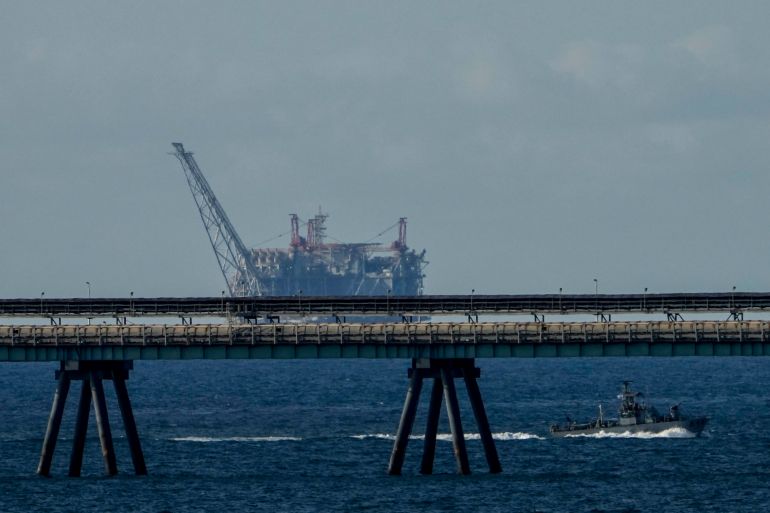 An oil platform in Israel's offshore Leviathan gas field is seen while an Israeli navy vessel patrols the Mediterranean Sea, Israel, Thursday, Sept. 19, 2024. (AP Photo/Ariel Schalit)