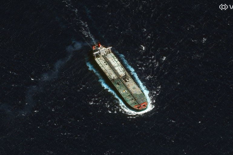 The crude oil tanker Skipper recently seized by the U.S. off the coast of Venezuela, seen as the ship was traveling in a southwesterly direction and positioned approximately 33 kilometers north of Guadeloupe, in the southern Caribbean Sea, Dec. 12, 2025. (©2025 Vantor via AP)