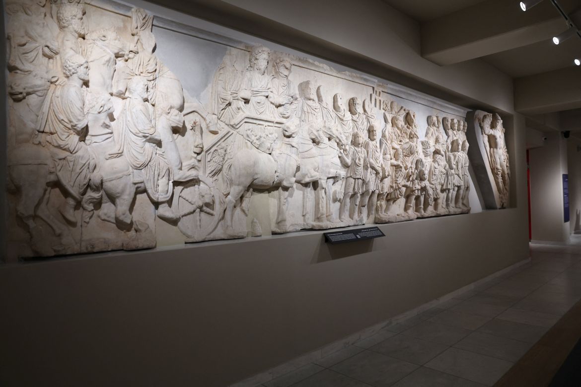 A stone relief is displayed inside the National Museum, the largest in Tripoli, following its reopening after nearly 14 years of closure, in Tripoli, Libya, December 12, 2025. Libyan Government Platform/Handout via REUTERS ATTENTION EDITORS - THIS IMAGE HAS BEEN SUPPLIED BY A THIRD PARTY.