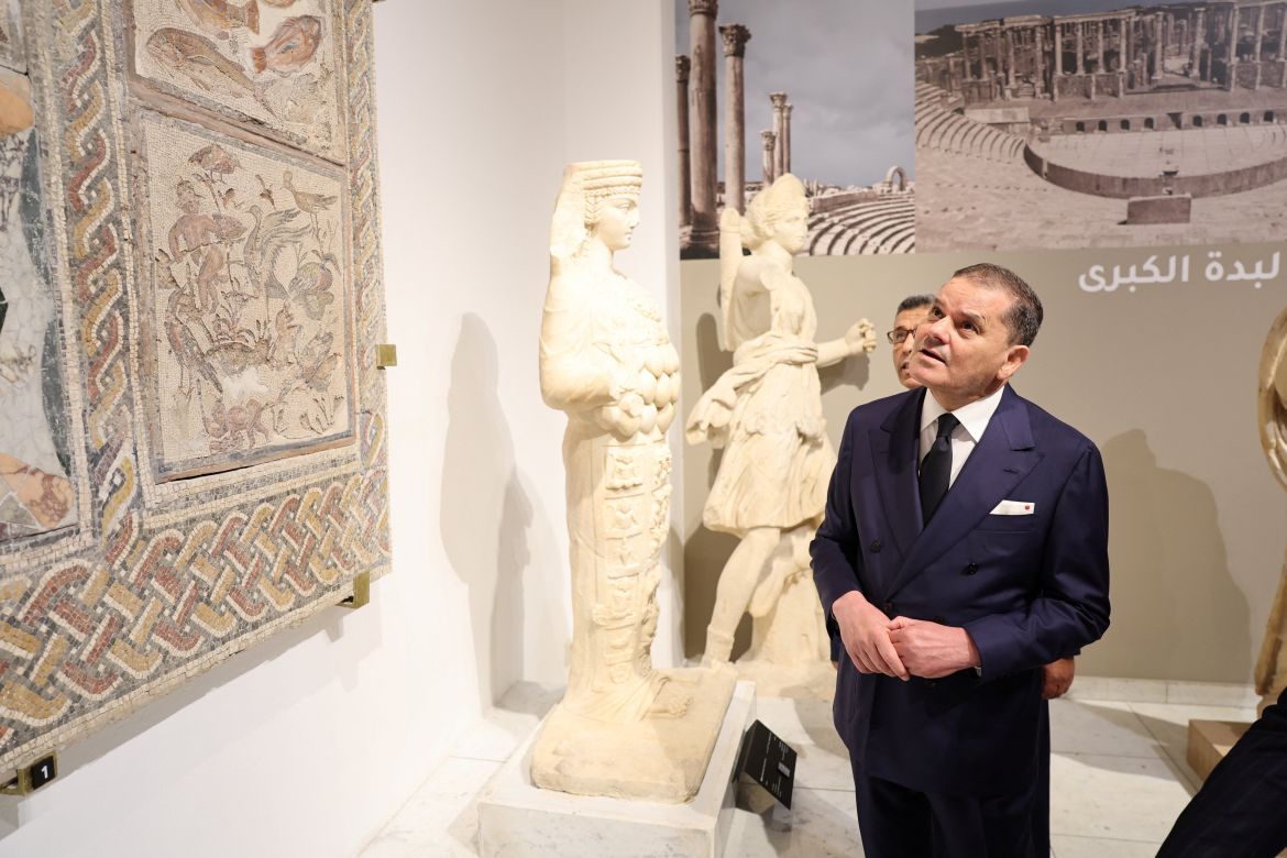 Libya's Prime Minister Abdul Hamid Dbeibeh visits the National Museum, the largest in Tripoli, following its reopening after nearly 14 years of closure, in Tripoli, Libya, December 12, 2025. Libyan Government Platform/Handout via REUTERS ATTENTION EDITORS - THIS IMAGE HAS BEEN SUPPLIED BY A THIRD PARTY.