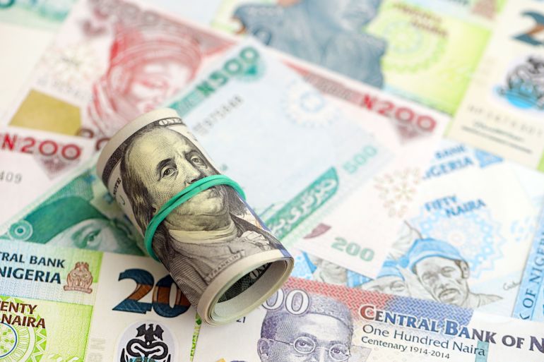 Nigerian naira currency money bills and bunch of us dollar banknotes close up. The concept of economics and currency exchange