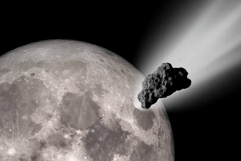 رسم توضيحي يظهر كويكبا متجها للاصطدام بسطح القمر (حساب روبرت ليا على كانفا)