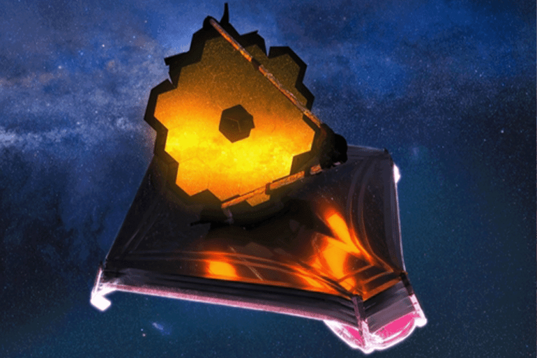 رسم توضيحي لتلسكوب جيمس ويب، مرصد فضائي لدراسة الكون واستكشاف أعماق الفضاء. عناصر هذه الصورة مقدَّمة من وكالة ناسا. (شترستوك)