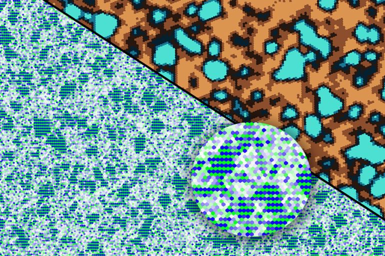 Caption:A new 3-D-printed aluminum alloy is stronger than traditional aluminum, due to a key recipe that, when printed, produces aluminum (illustrated in brown) with nanometer scale precipitates (in light blue). The precipitates are arranged in regular, nano-scale patterns (blue and green in circle inset) that impart exceptional strength to the printed alloy. Credits:Credit: Felice Frankel