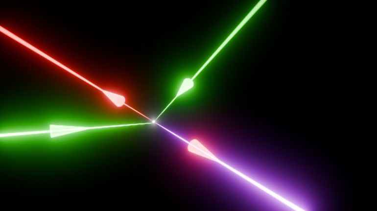 Illustration of photon scattering in the laboratory. Two powerful green petawatt laser beams collide at the focus with a third red beam to polarize the quantum vacuum. This allows the generation of a fourth blue laser beam, in a unique direction and color, preserving momentum and energy.
