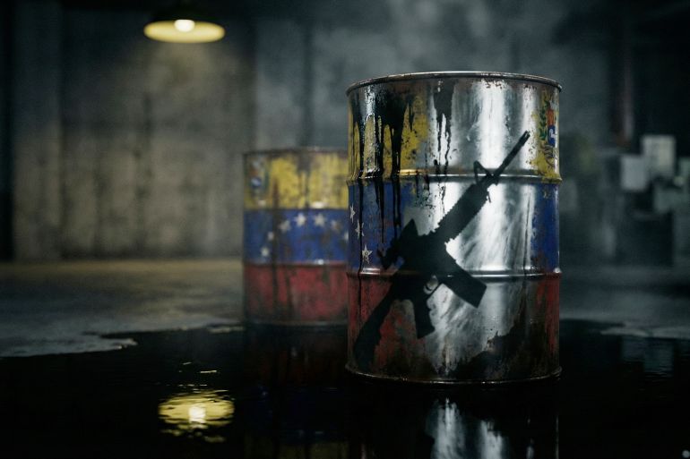 تصميم لبراميل نفط مع علم كاراكاس وسلاح أمريكي