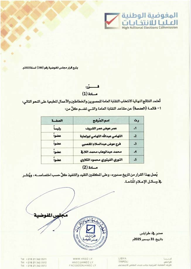 نص القرار رقم (280) القاضي بالموافقة على النتائج النهائية لانتخابات الاتحاد العام للتصوير والخط وأعمال المطابع.