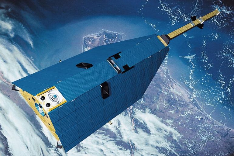 Model illustration of the CHAMP satellite. The four-metre-long boom was deployed in space and carried the magnetic field sensors.