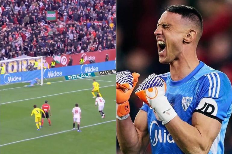 فلاكوديموس حارس إشبيلبة تصدى لركلة جزاء حاسمة أمام جبرونا (حساب Diario.Nervión في إكس)