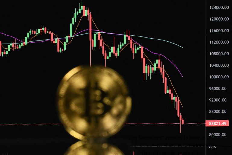 صورة توضيحية التقطت في 22 نوفمبر 2025، تظهر عملة بيتكوين تذكارية مطلية بالذهب تنعكس في مرآة ومرتبة للتصوير أمام شاشة كمبيوتر تعرض مخطط السعر الشهري للبيتكوين في عقار سكني في غيلدفورد، جنوب لندن.