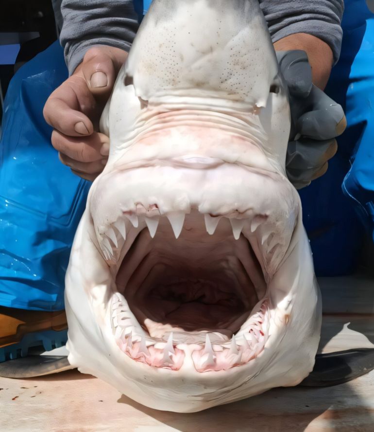 Closeup of the juvenile great white shark.