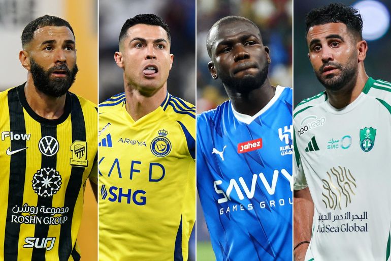 من اليمين: محرز وكوليبالي ورونالدو وبنزيمة أبرز صفقات الأندية السعودية (وكالات)