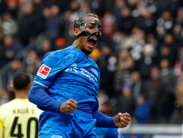 Soccer Football - Bundesliga - Eintracht Frankfurt v Bayer Leverkusen - Deutsche Bank Park, Frankfurt, Germany - January 31, 2026 Bayer Leverkusen's Arthur celebrates scoring their first goal