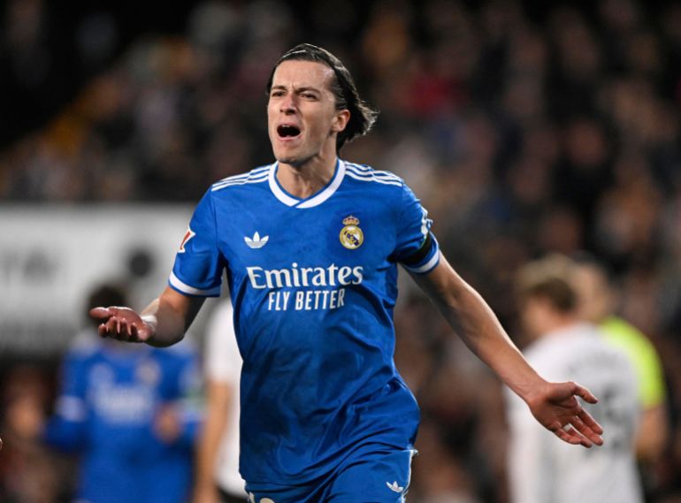 Soccer Football - LaLiga - Valencia v Real Madrid - Estadio de Mestalla, Valencia, Spain - February 8, 2026 Real Madrid's Alvaro Carreras celebrates scoring their first goal