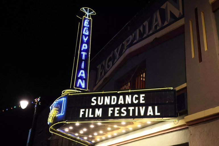 PARK CITY, UTAH - JANUARY 18: An evening view of the Egyptian Theatre marquee during the 2024 Sundance Film Festival on January 18, 2024 in Park City, Utah.
