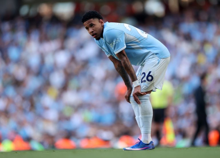 MANCHESTER, ENGLAND - MAY 24: Savinho of Manchester City looks on during the Premier League match between Manchester City and Aston Villa at the Etihad Stadium on May 24, 2026 in Manchester, England. (Photo by Carl Recine/Getty Images)